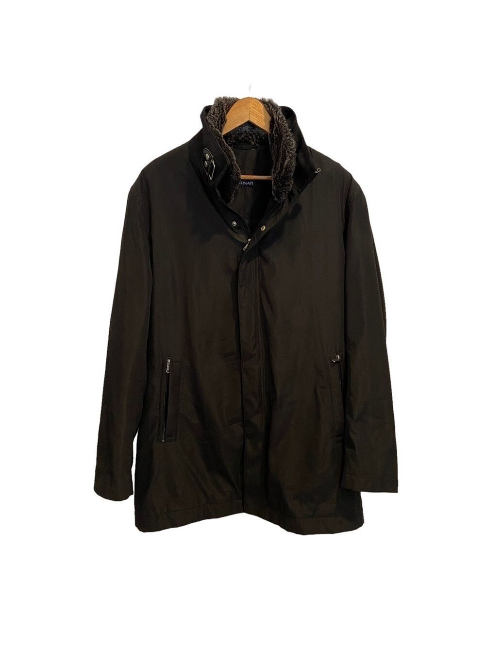 Raffinati men black long jacket removable liner faux fur leather strap Medium